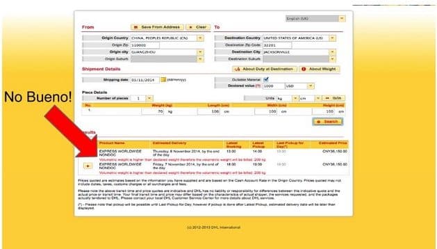 dhl error messages screenshot