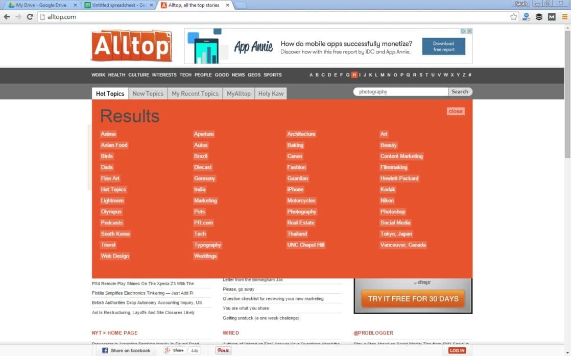 screenshot of alltop blog searcher