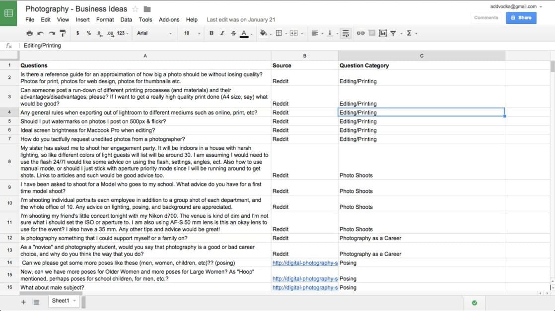 writing questions on a spreadsheet