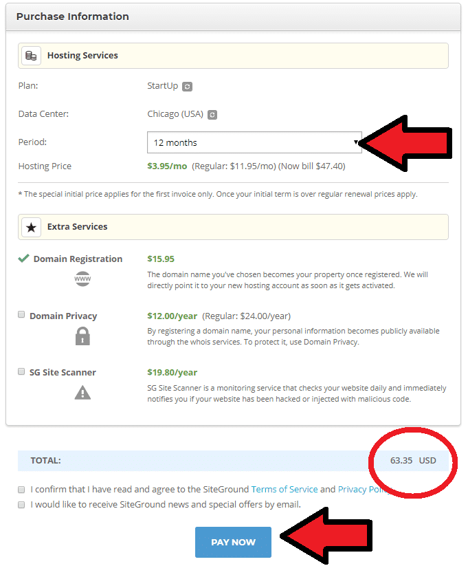 Purchase Screen for Siteground Hosting