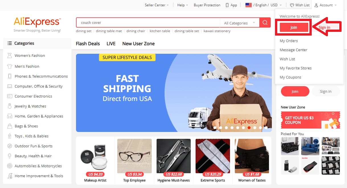 Signing into Aliexpress