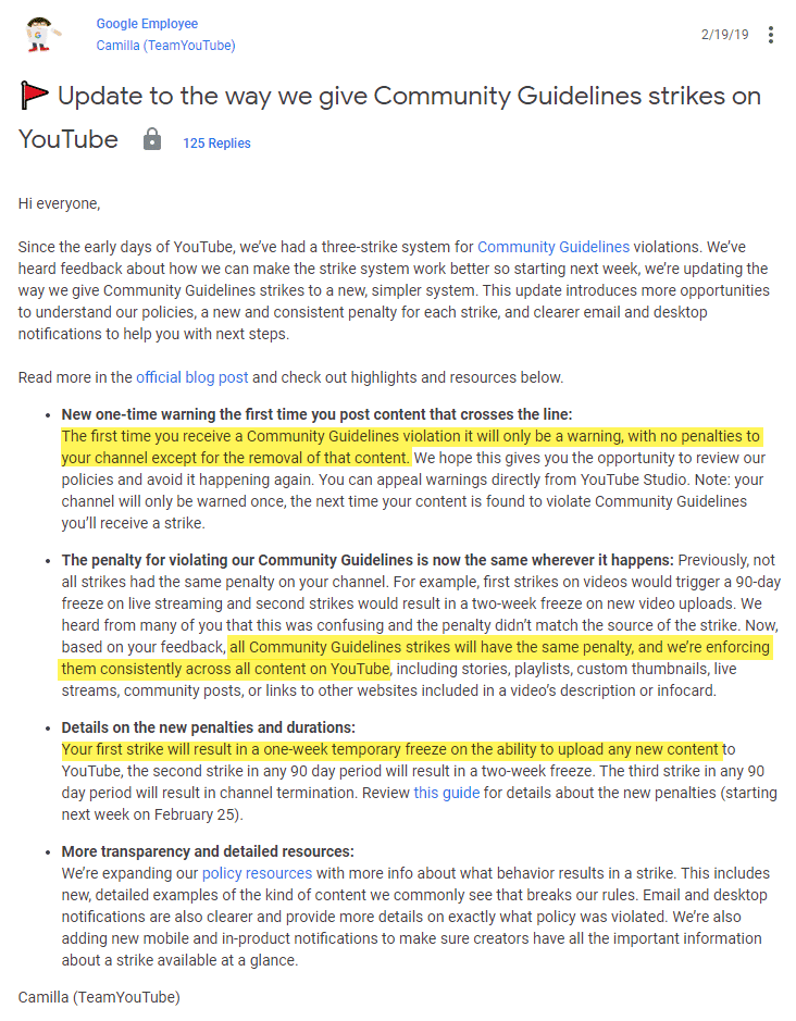 youtube community guideline strike policy