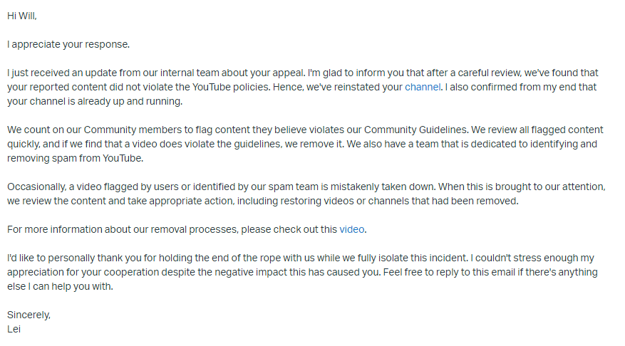 youtube channel reinstated