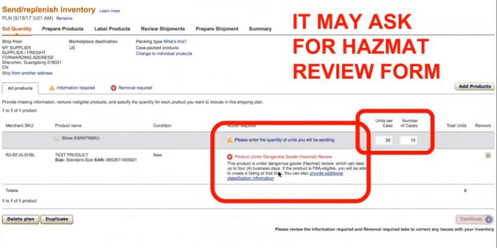 Creating Amazon FBA Shipping Plan - Hazmat Forms