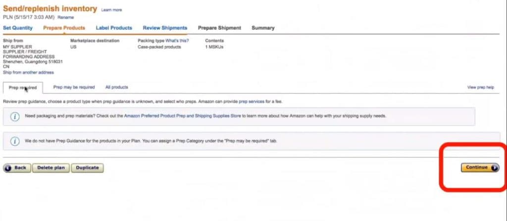 Creating Amazon FBA Shipping Plan - Prep Required Home Screen