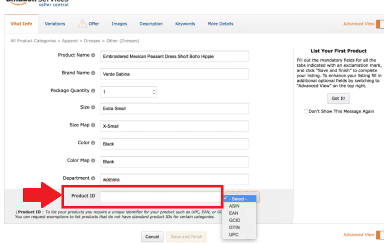 Enter UPC code into product ID section
