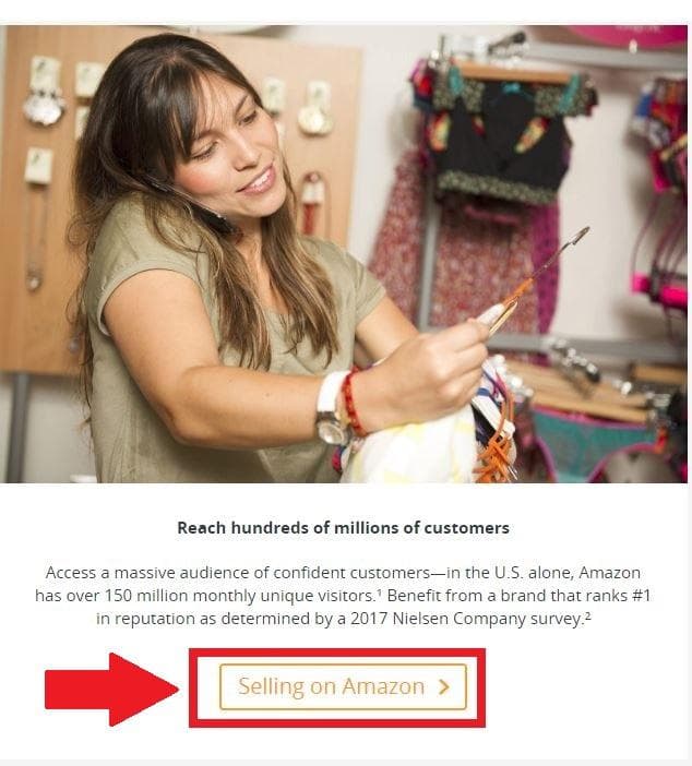 Step 2: Scroll down and click the "Selling on Amazon" link