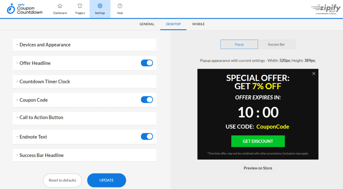 Zipify coupon code coundown timer