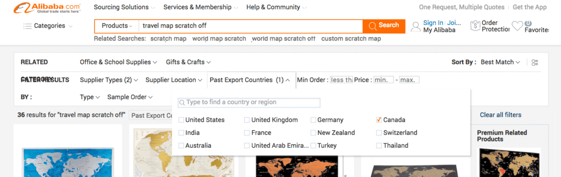 Buying from Alibaba - Use filter to make sure they ship to your country