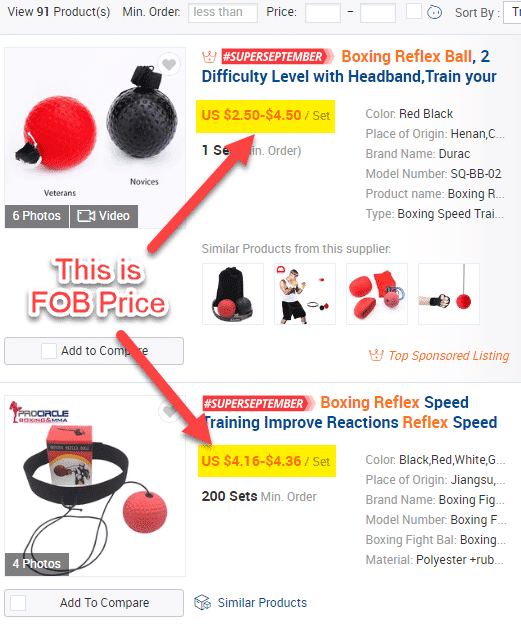 FOB Product Pricing on Alibaba