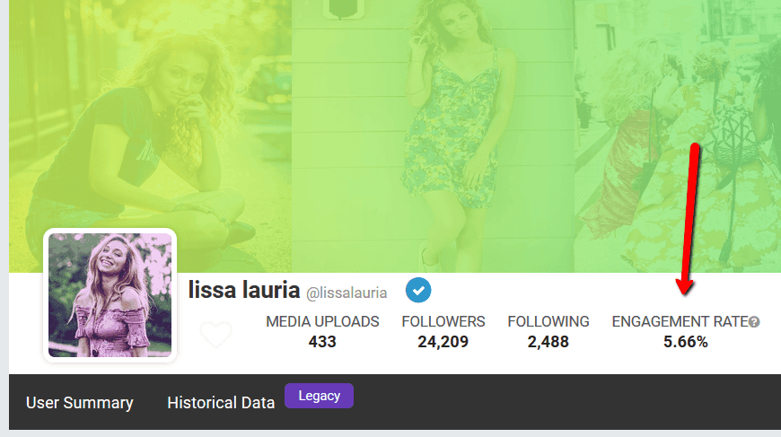 Social Blade example to find influencer engagement