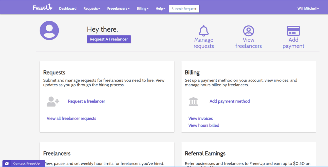 Freeeup user dashboard