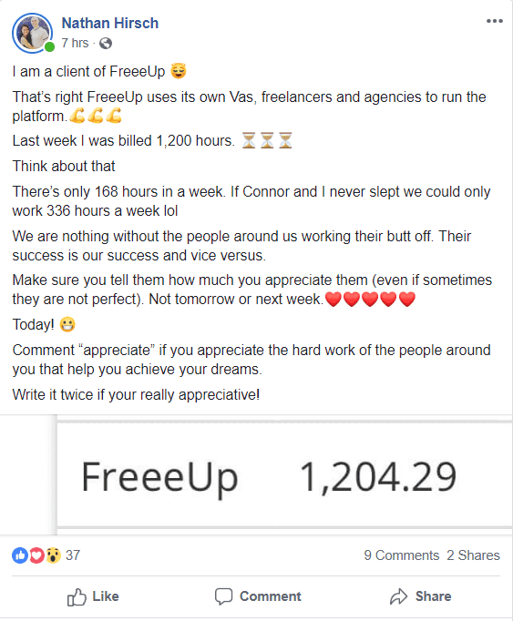 Nathan Hirsch Freeeup FB Post