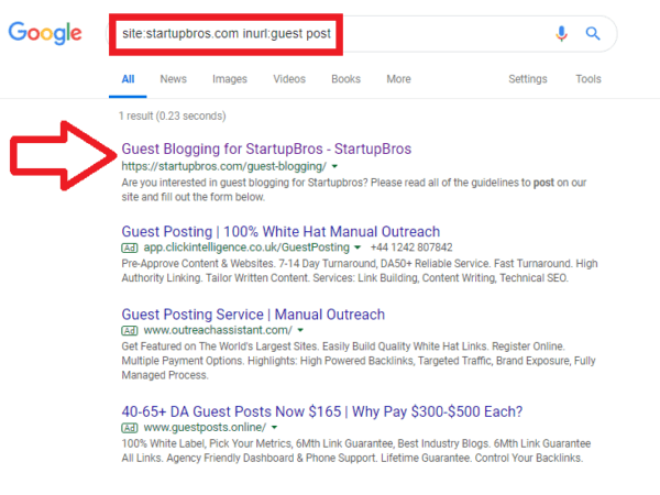 inurl search operator example with startupbros guest blogging