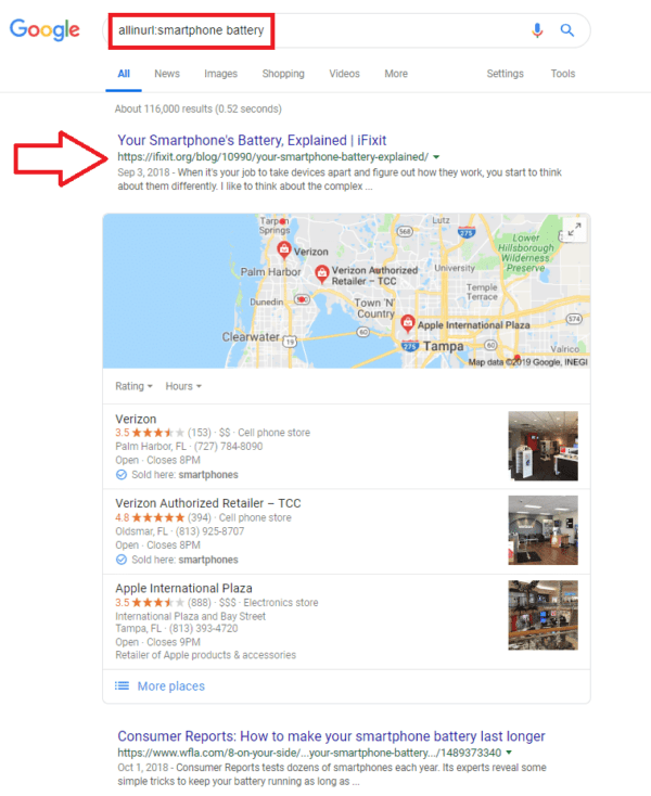 using allinurl search operator in google