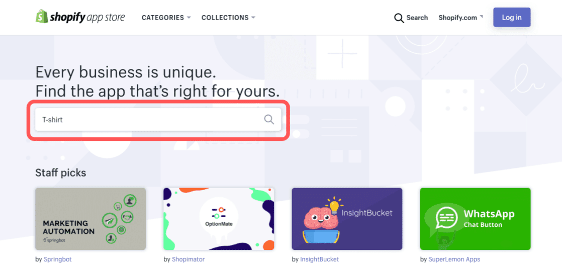 Search for T shirt on Shopify App Store