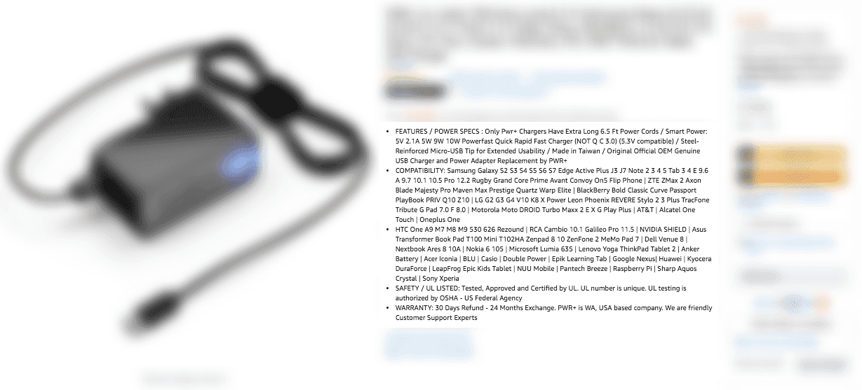 Charger Specifications on Amazon