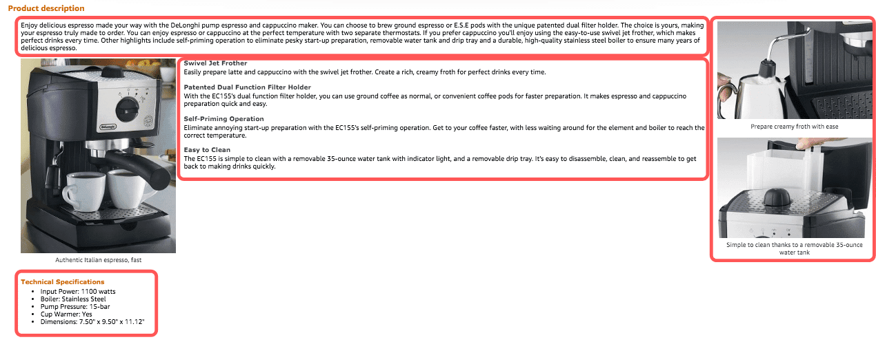 DeLonghi Espresso and Cappuccino Maker Product Description on Amazon