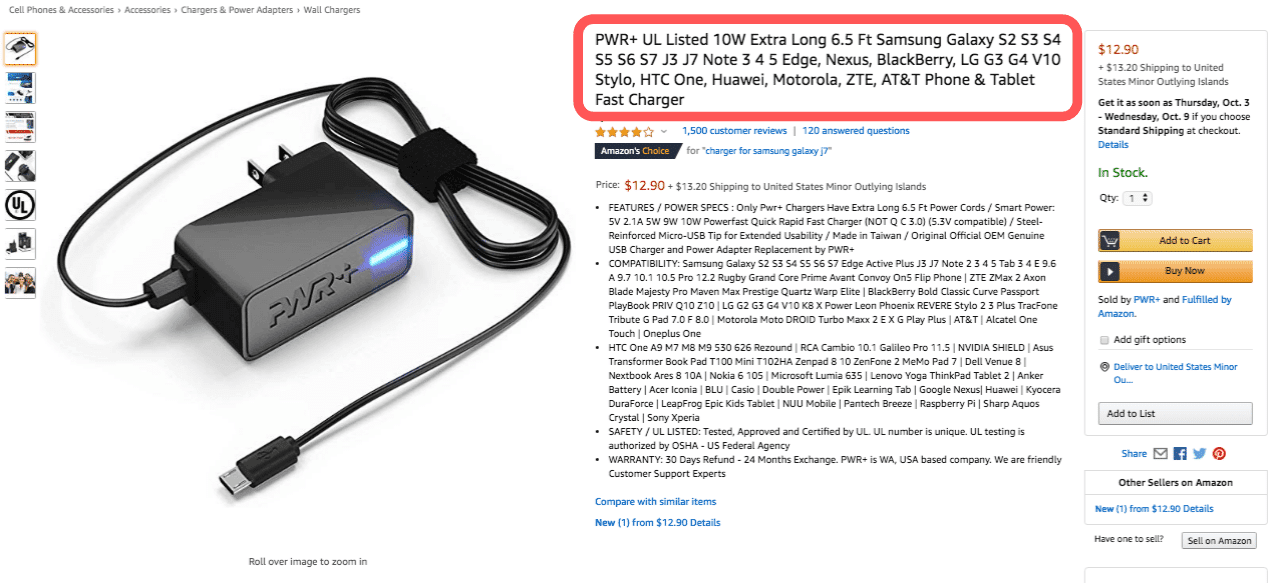 Example of Charger Stuffing Keywords on Amazon