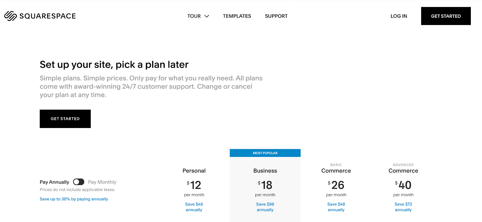 Squarespace Pricing Page