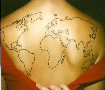 map of the world tattooed on a woman's back