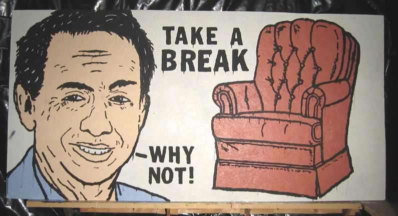 Image of a man saying "why not take a break" beside a chair