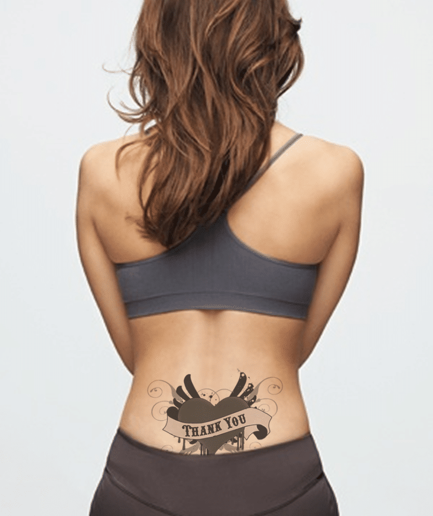 Photo of a woman with a Thank You tattoo on her back