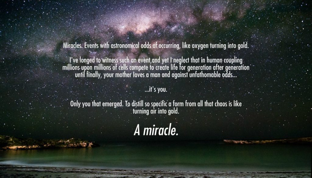 Image of the universe with a quote about Miracles