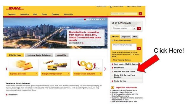 screenshot of DHL shipping rate quote