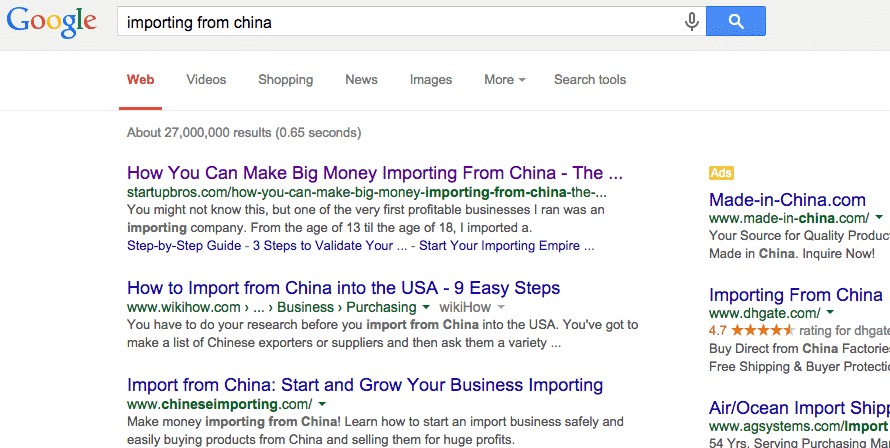 Screenshot of a google query about importing from China
