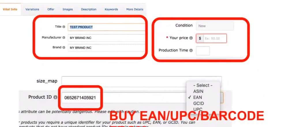 Creating Amazon Product Listing - Enter Product ID, UPC code, Title, Manufacturer and Brand for FBA shipping