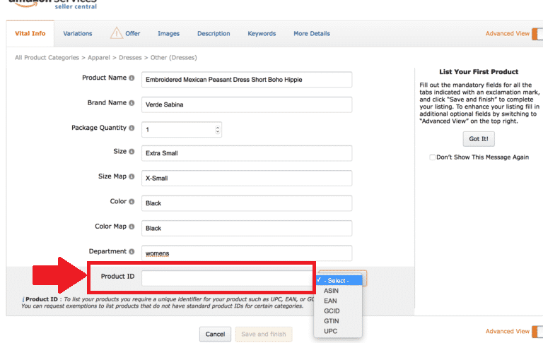 Using the Amazon product ID when creating a new listing
