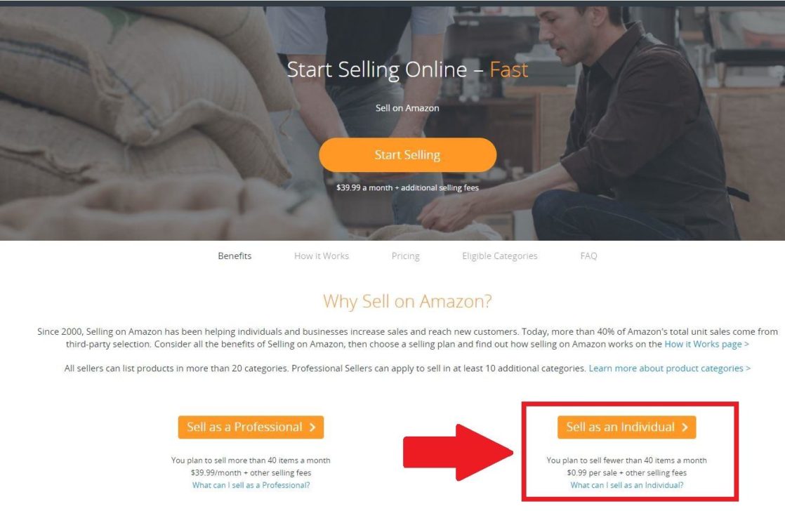 Step 3 Choose to sell on amazon as either professional or individual
