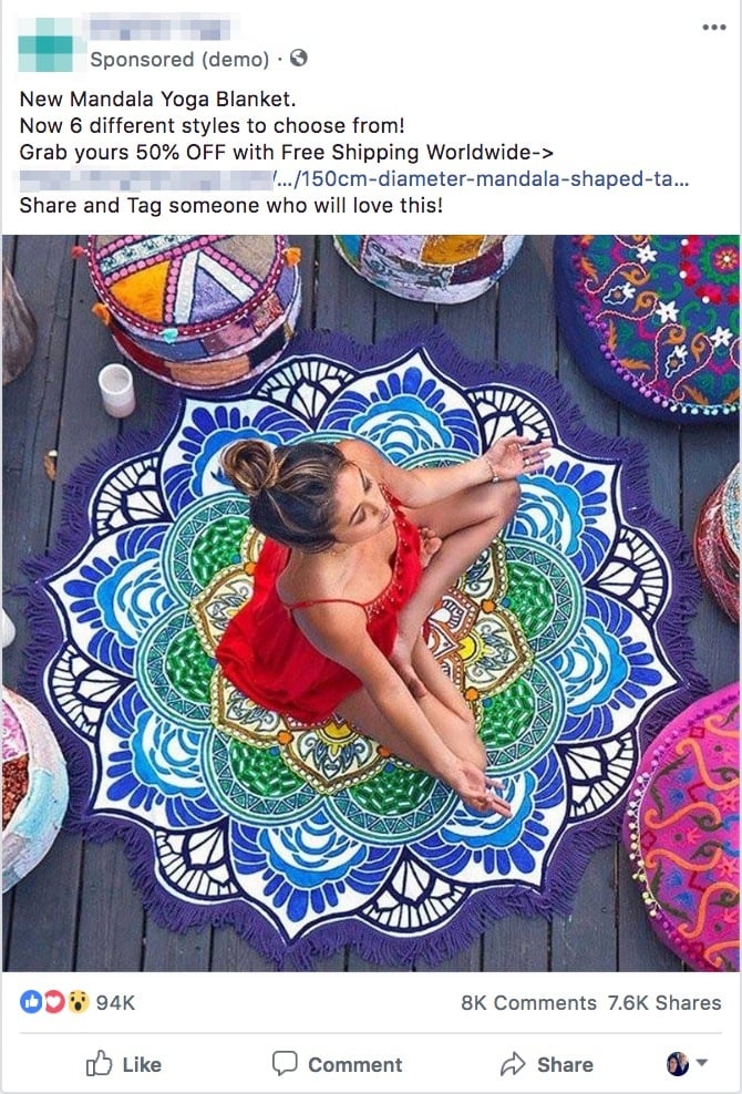 Facebook ad of the Mandala yoga mat