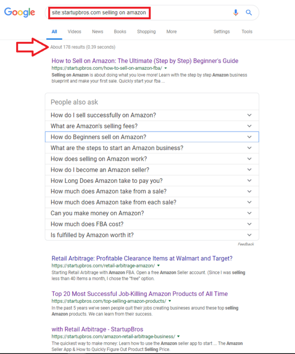 performing a site search on google for a specific keyword