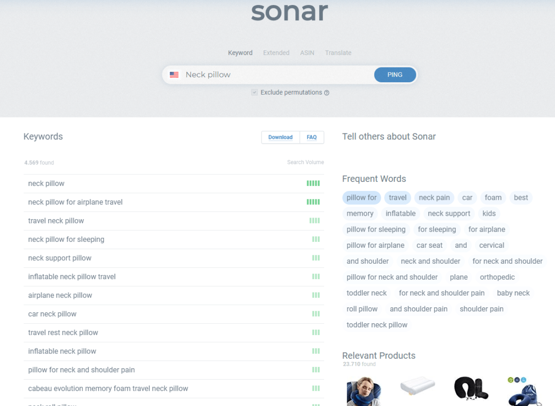 Keyword research results with Sonar tool