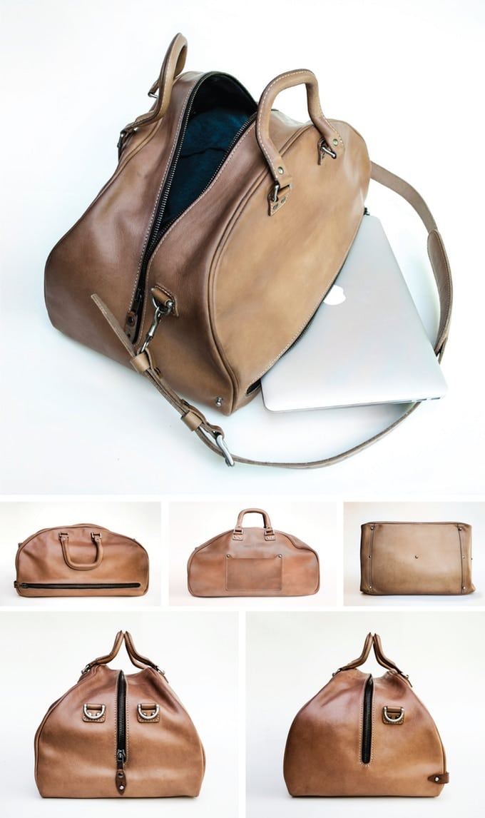 leather duffle bag created for kickstarter