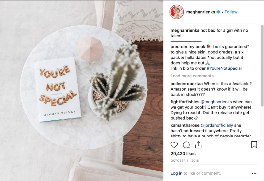 meghan rienks promoting book pre-orders on instagram