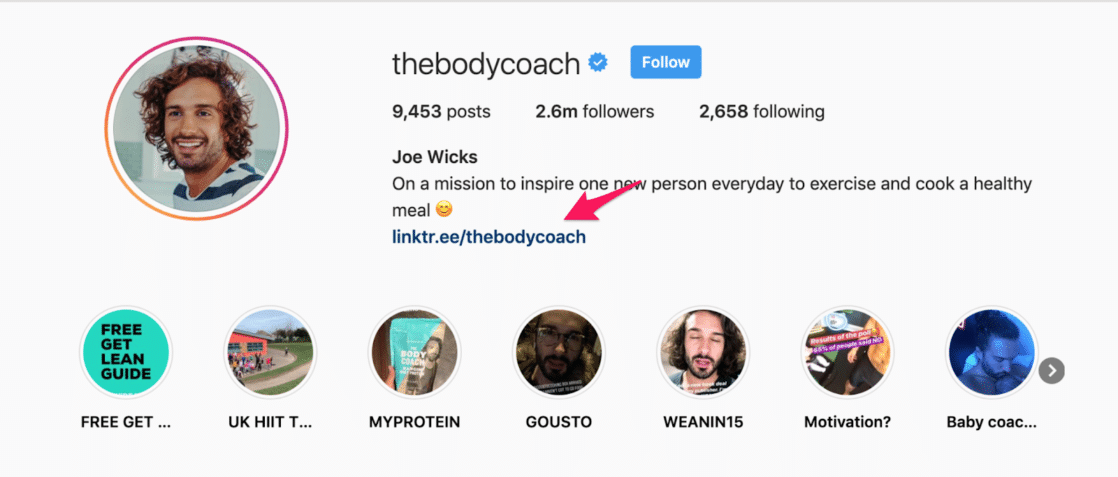thebodycoach affiliate links in his instagram bio using linktree