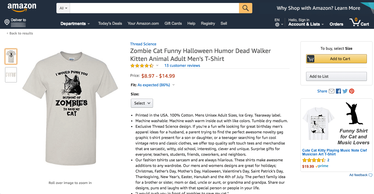 Cat T shirt Product Page on Amazon