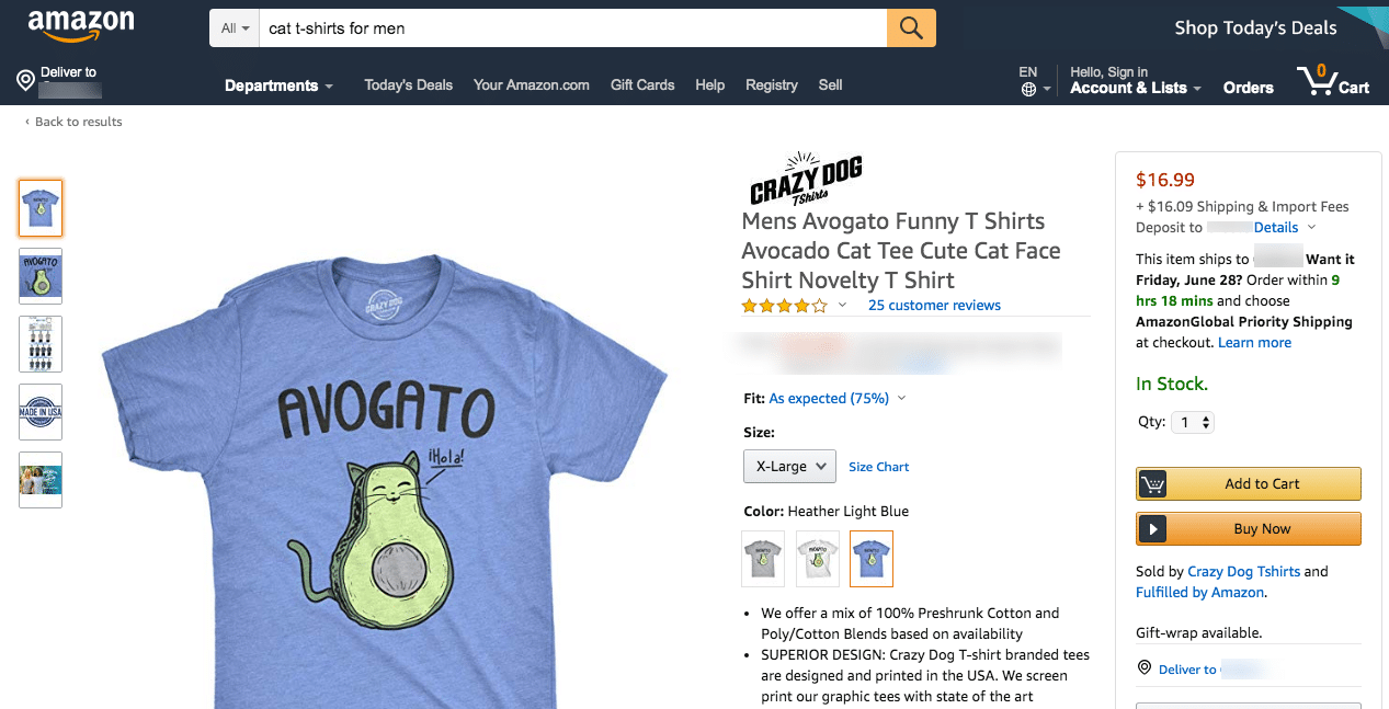 Man T shirt Product Page on Amazon