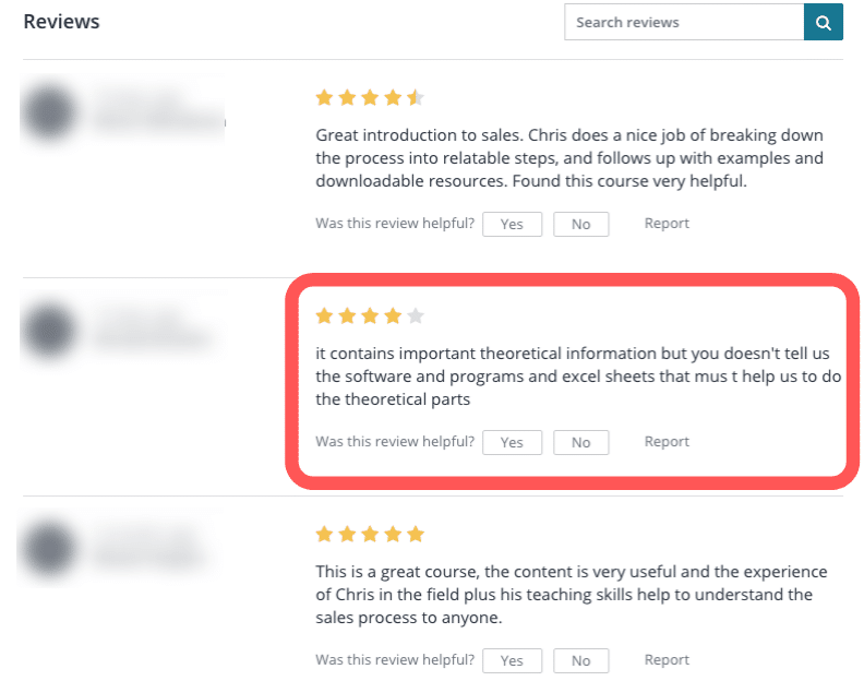 Comments on a Sales Course on Udemy