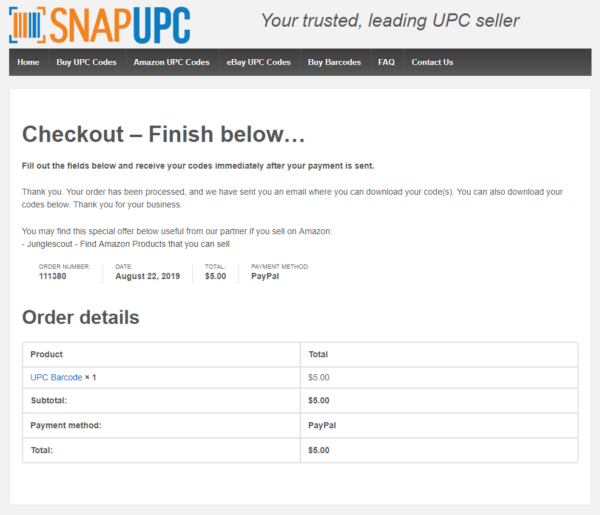 Snap UPC Order Confirmation