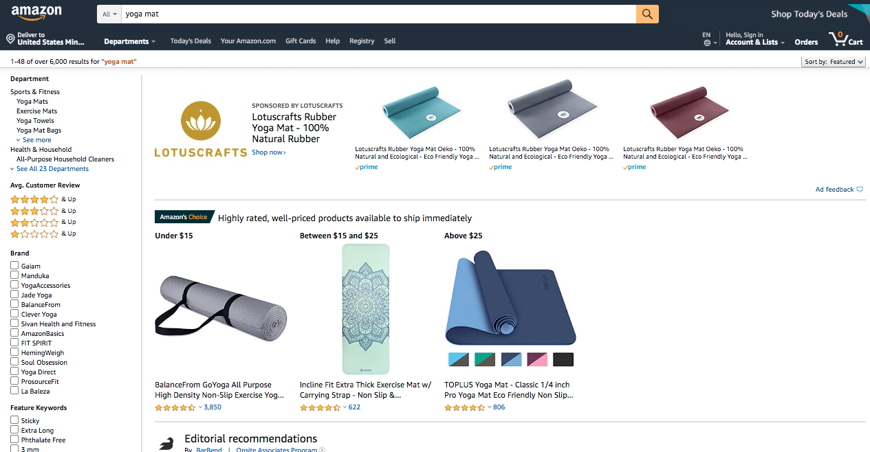 Product Results for the Search Query Yoga Mats on Amazon