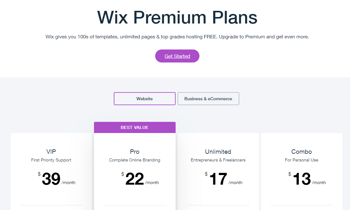 Wix Pricing Plans