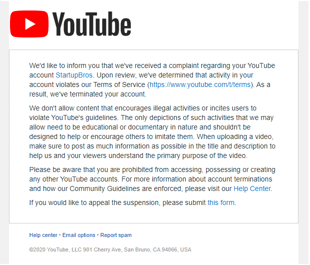 youtube termination suspension ban